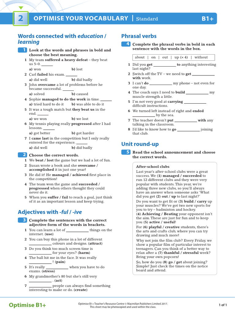 OPT B1plus U02 Vocab Standard | PDF