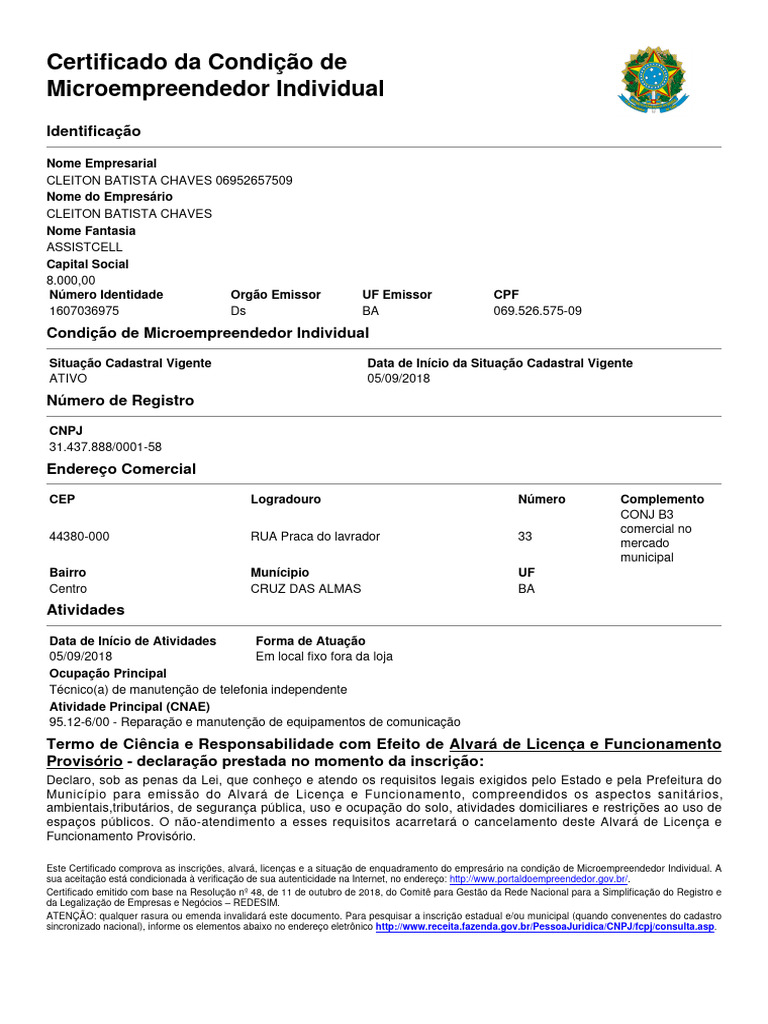 Certificado de Microempreendedor Individual | PDF