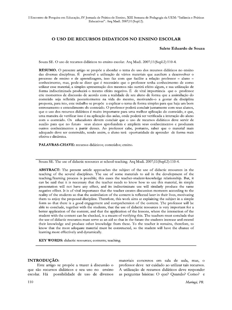O Uso de Recursos Didaticos No Ensino Escolar Souza 2007 | PDF