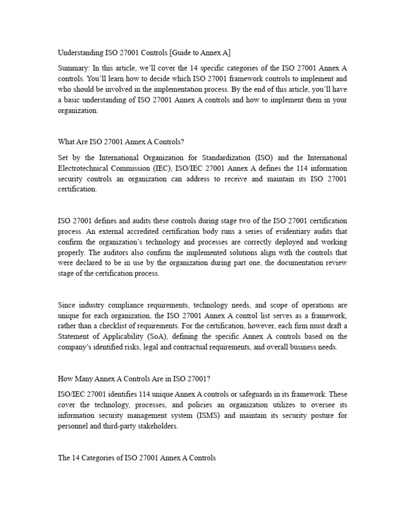 ISO 27001 Annex A Control Overview | PDF | Information Security ...