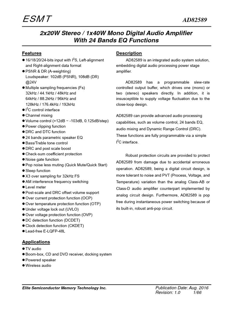 AD82589 Digital Audio Amplifier Datasheet | PDF | Equalization (Audio ...