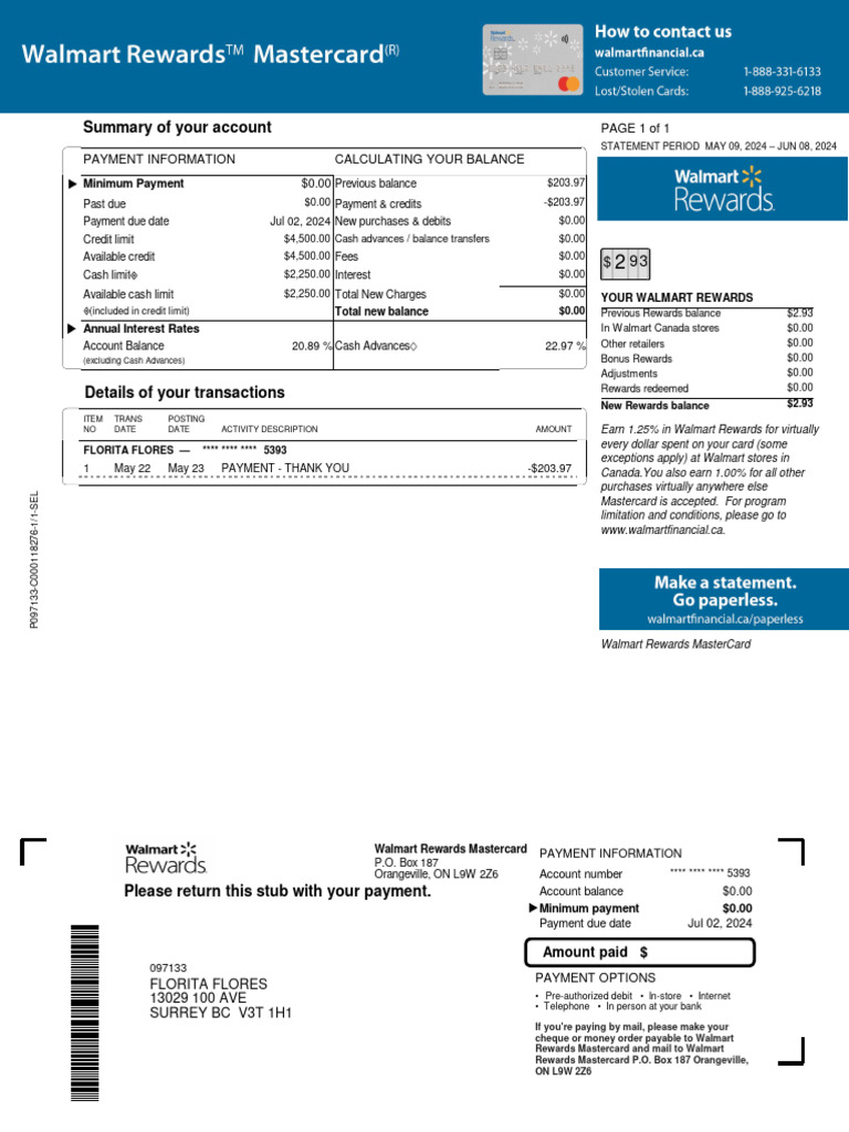 Walmart Rewards Mastercard Payment Stub | PDF | Credit Card | Payments