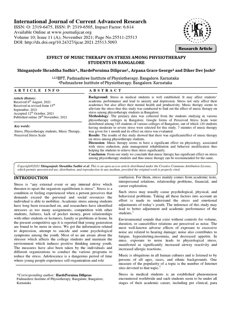 Effect of Music Therapy On Stress Among | PDF | Stress (Biology ...