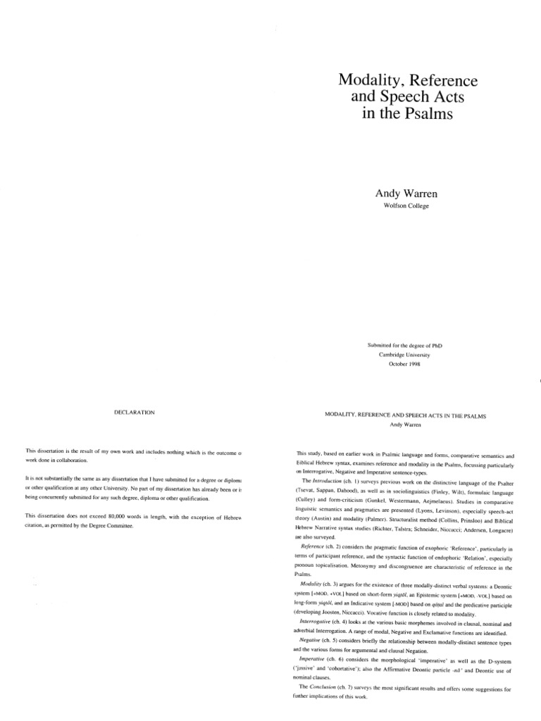 Modality and Reference in Psalms | PDF | Syntax | Semantics