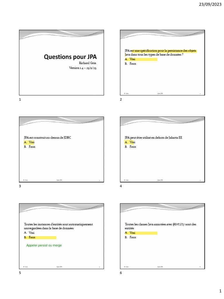 Quiz sur la spécification JPA | PDF | SQL | Bases de données