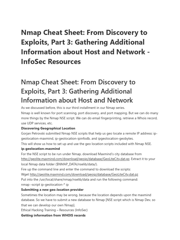 Nmap Cheat Sheet From Discovery To Exploits, Part 3 Gathering ...