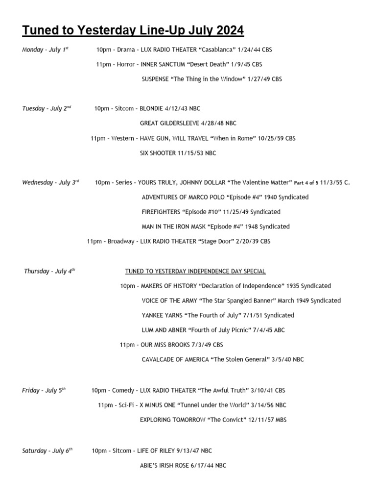 Tuned To Yesterday Schedule July 2024 | PDF | Cbs | Nbc