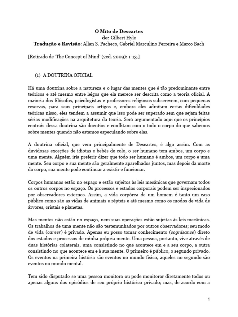 O Mito de Descartes - Gilbert Ryle | PDF | Mente | Pensamento