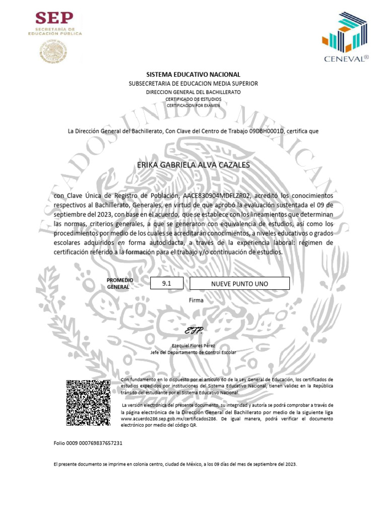 Certificado de Bachillerato SEP 2023 | PDF | Plan de estudios