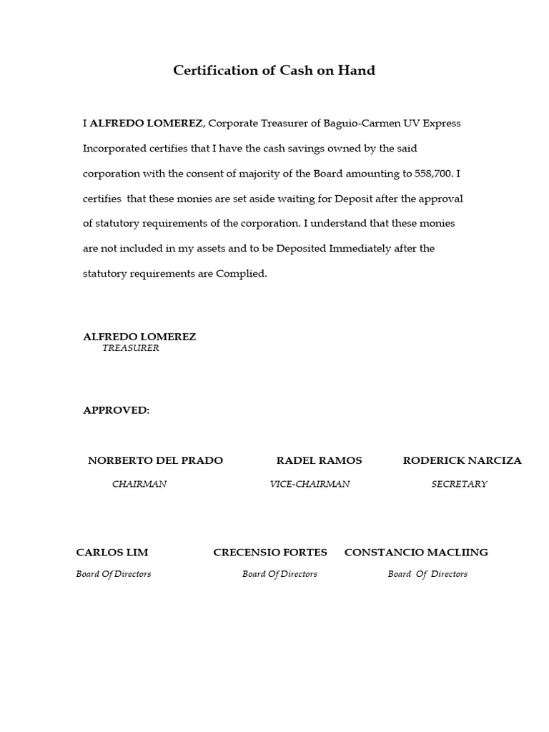 Certification of Cash on Hand PDF