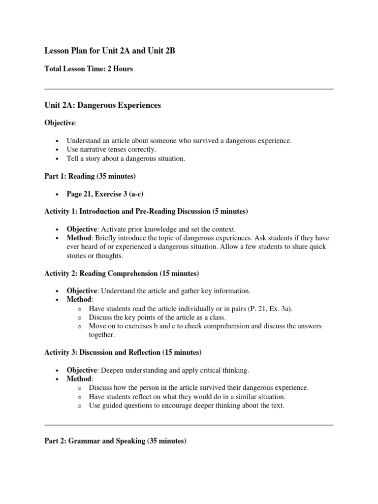 Lesson Plan For Unit 2A and Unit 2B | PDF | Reading Comprehension ...