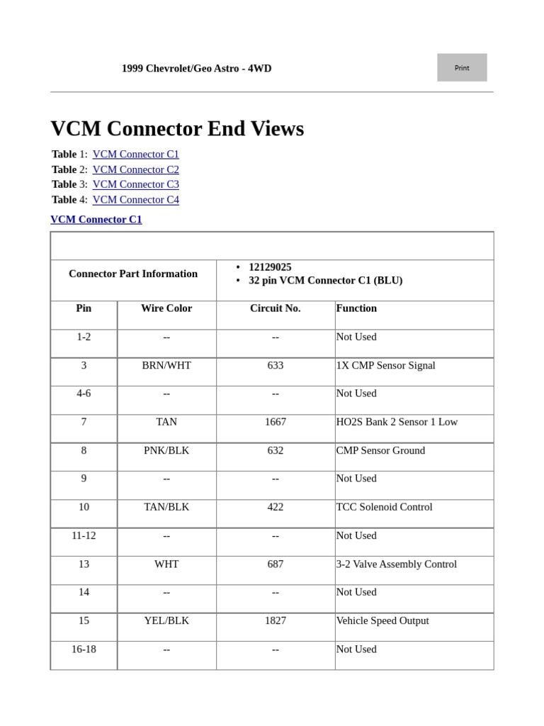 1999 Chevrolet Astro VCM Connector Guide | PDF | Vacuum Tube ...
