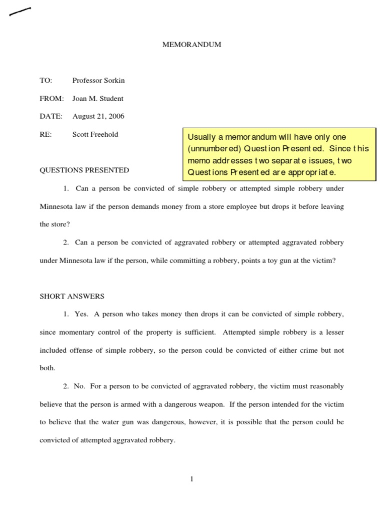 Sample Memo 1 Robbery Crimes