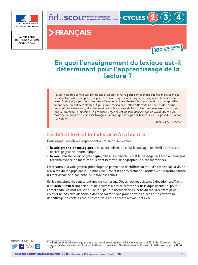 Eduscol en Quoi L'enseignement Du Lexique Est-Il Déterminant Pour L ...