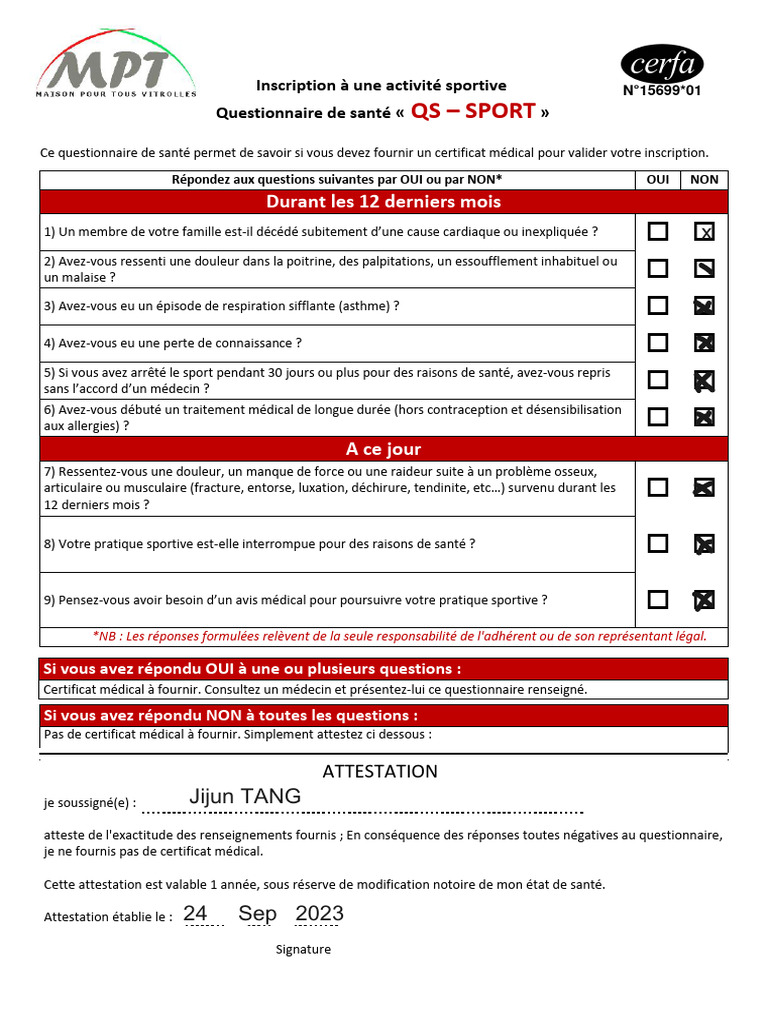 Questionnaire de santé pour sport | PDF | Médecine clinique | Maladies ...