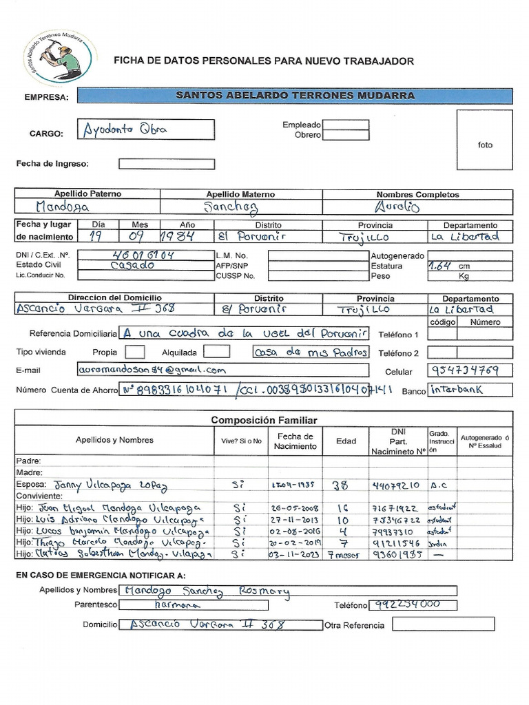 Ficha de datos personales para nuevo trabajador pdf
