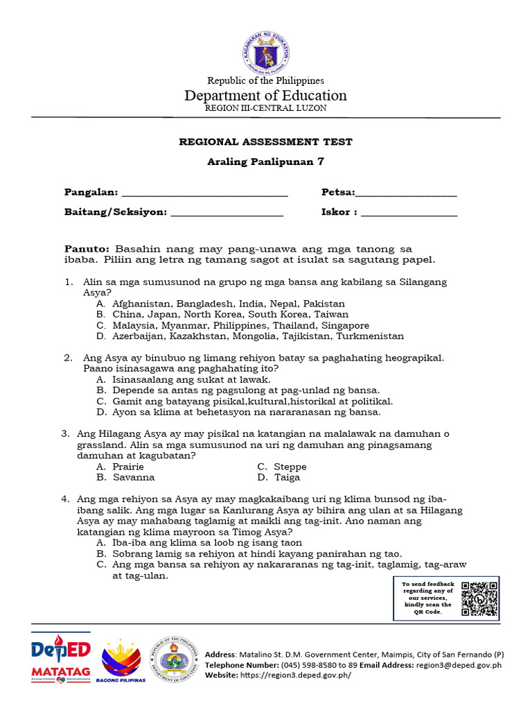 Araling Panlipunan 7 Examination 1 Pdf