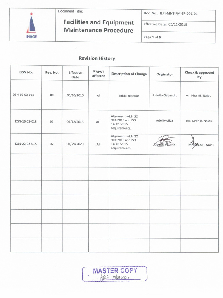 ILPI-MNT-FM-SP-001-01 - Facilities and Equipment Maintenance Procedure ...
