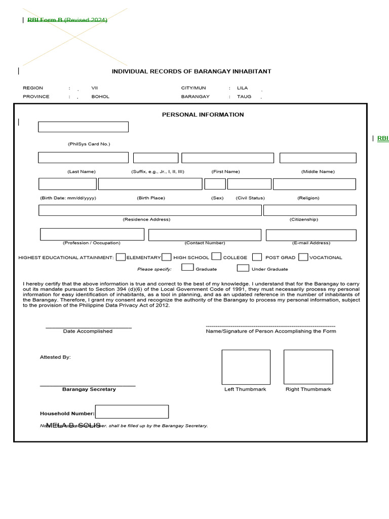 Revised RBI Form B 2024 for Barangays | PDF | Government | Justice