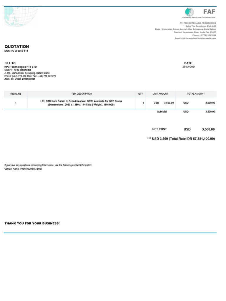Quotation for Freight Services to Australia | PDF