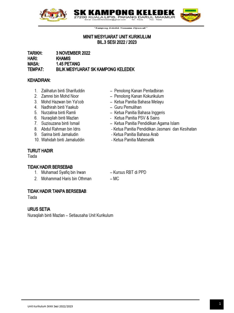Minit Mesy Unit Kurikulum Bil3 2022 | PDF