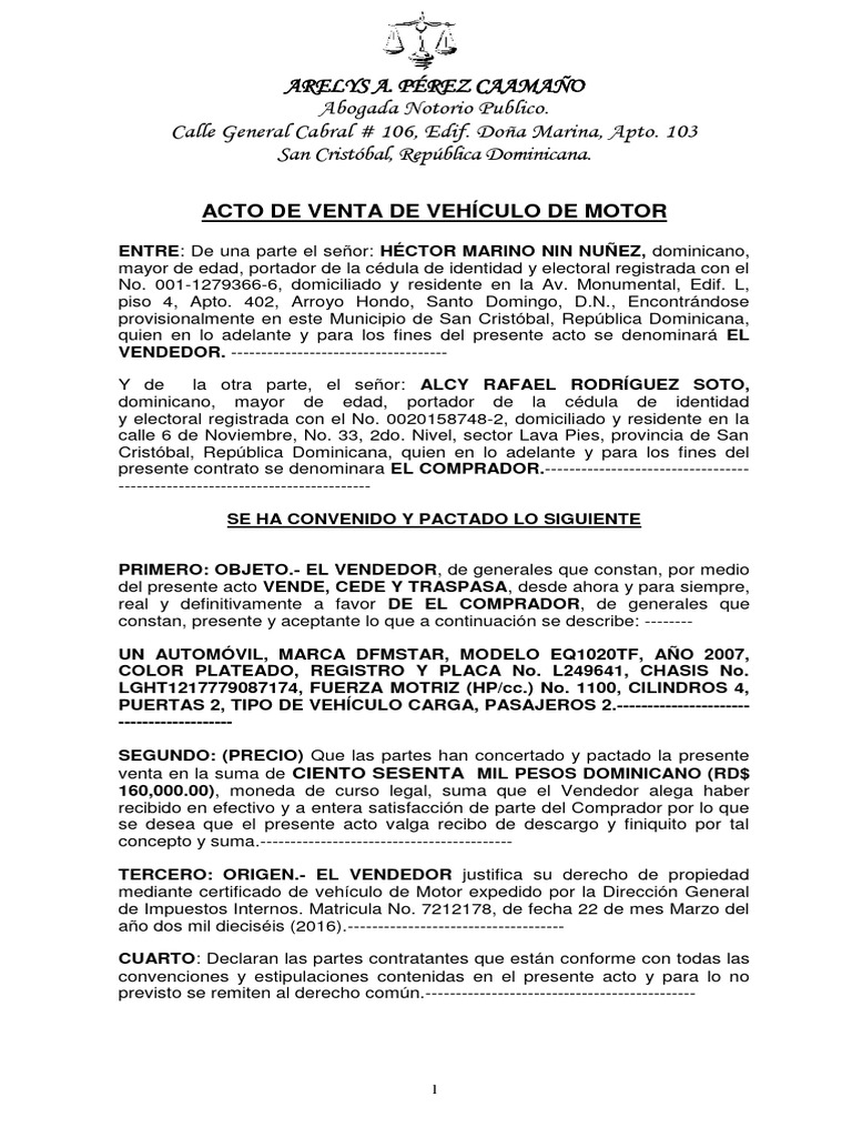 Acto de Venta Vehiculo Alcy | PDF | República Dominicana