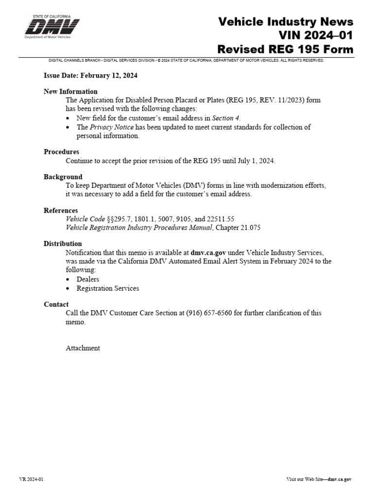 Revised REG 195 Form for Disabled Placards | PDF