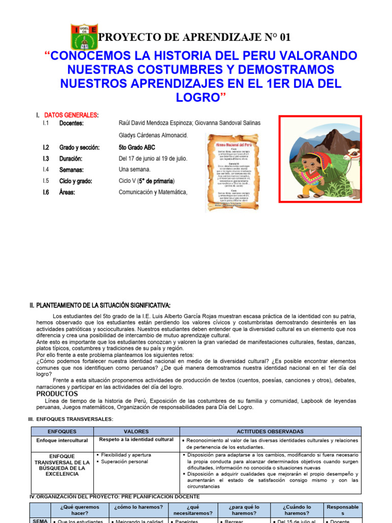 5° - Grado - Proyecto - de - Aprendizaje - N°01 Julio | PDF | División ...