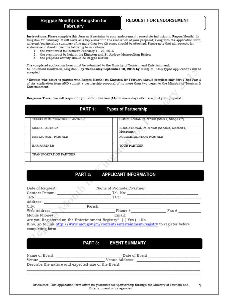 Reggae Month Its Kingston For February Endorsement Form | PDF ...