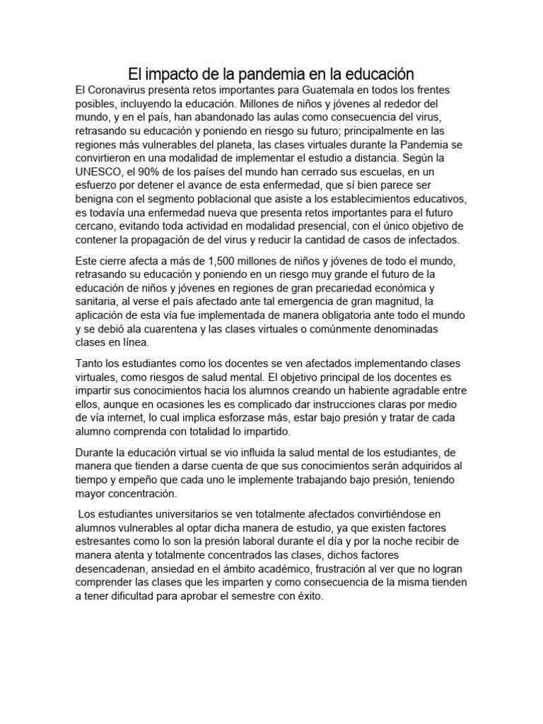 El Impacto de La Pandemia en La Educación | PDF | Enseñando ...