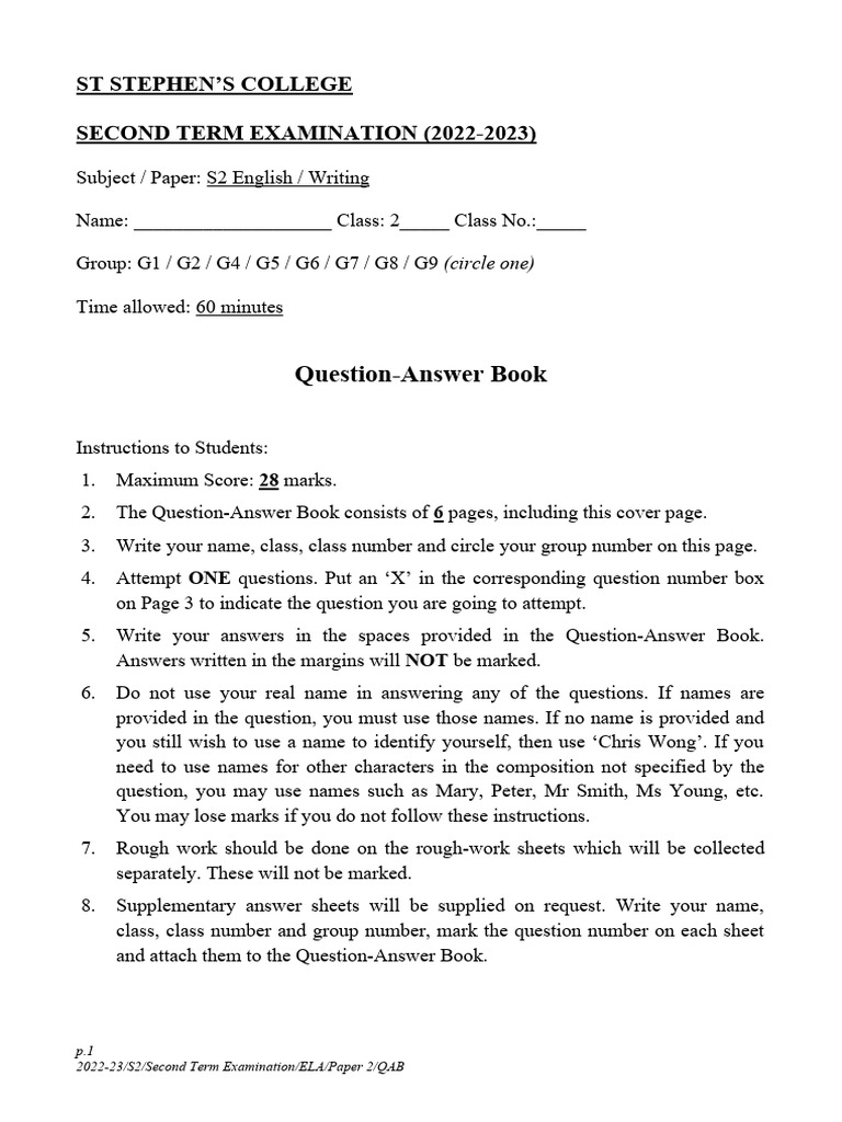 St Stephen's College S2 English Exam Guide | PDF