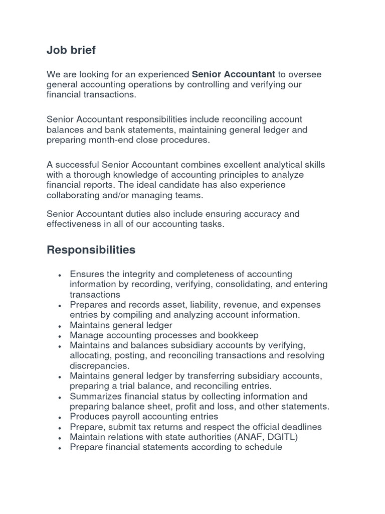 Senior Accountant Job Overview and Requirements | PDF | Accounting | Audit