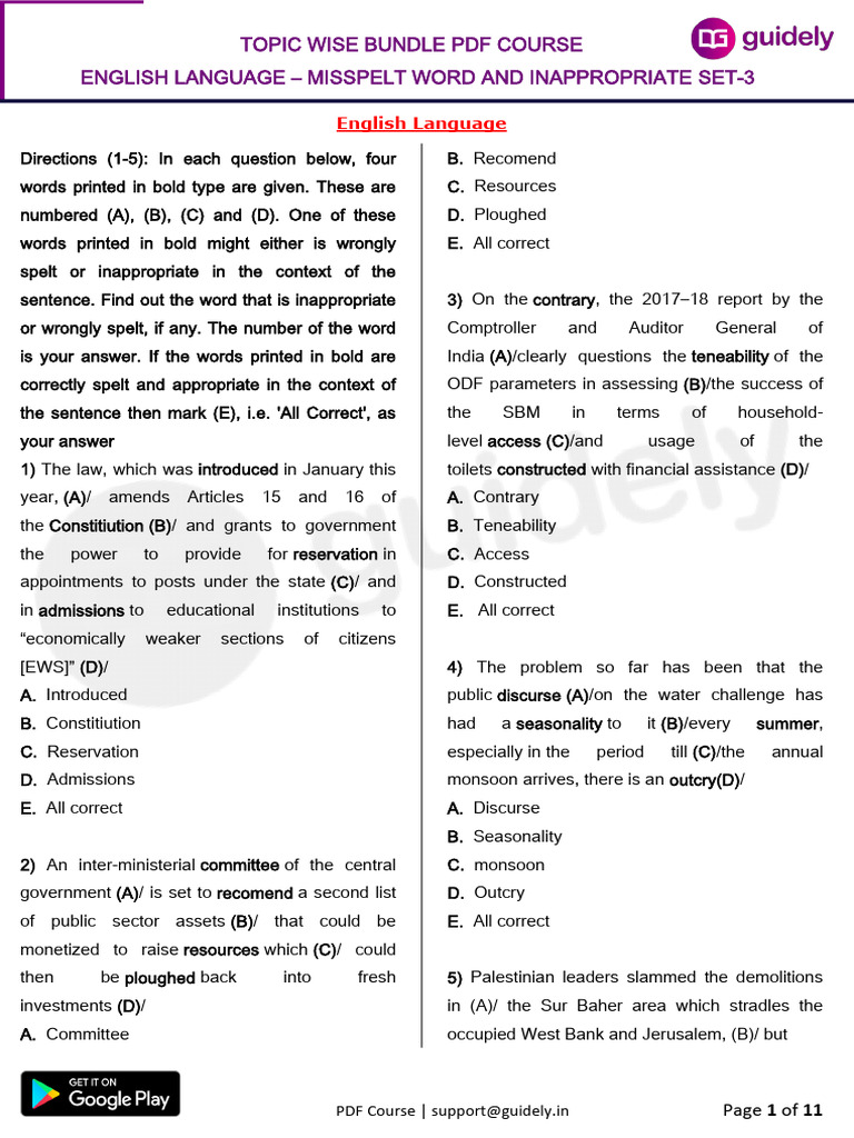 Misspelt & Inappropriate Word Set - 3 (Prelims) - 1719378068535 | PDF ...