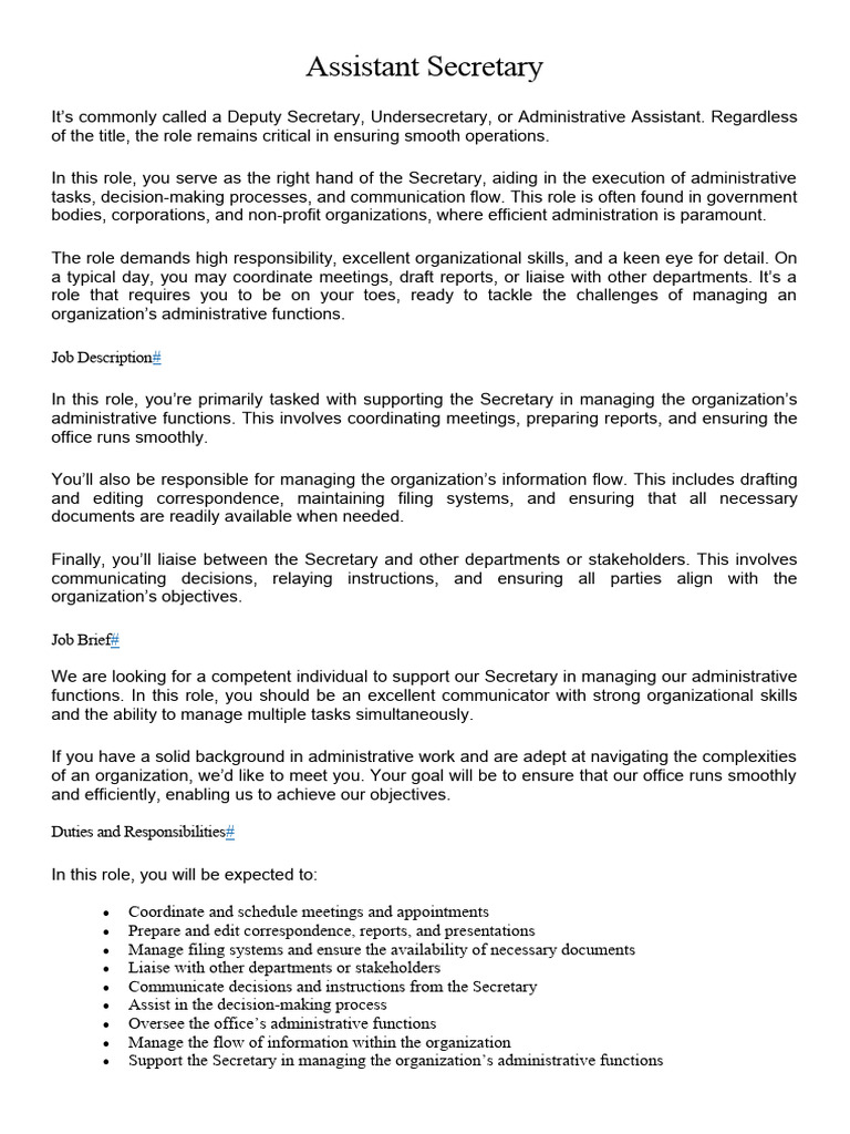 Assistant Secretary Role and Responsibilities | PDF | Secretary | Business