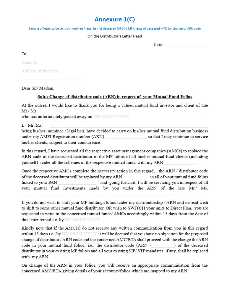 Change of ARN for Deceased MFD Clients | PDF | Mutual Funds | Financial ...