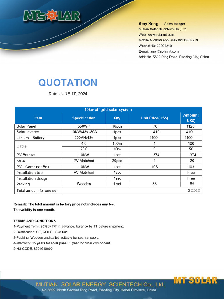 10kW Off-Grid Solar System Quotation | PDF | Power Inverter | Physical ...