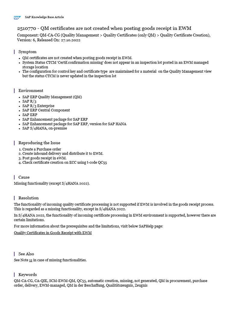 EWM Goods Receipt QM Certificate Issue | PDF | Quality Management ...