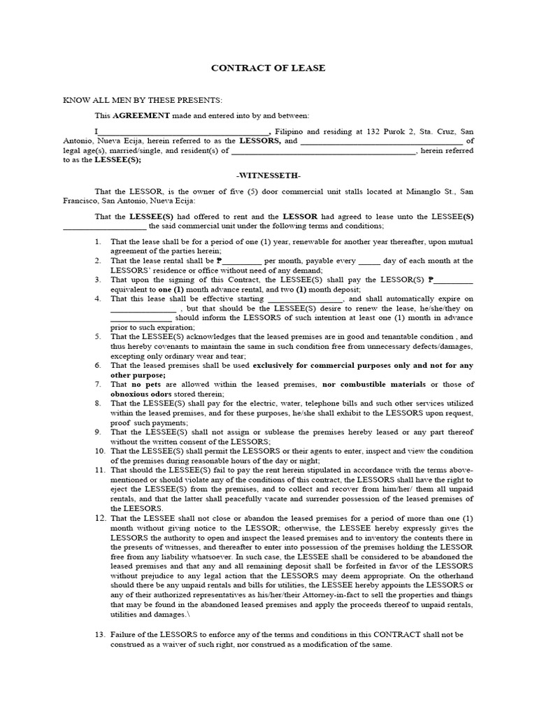 Contract Of Lease Philippines Pdf Lease Law And Economics