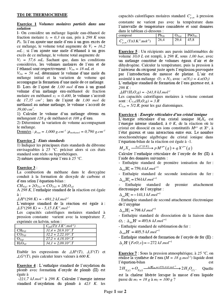 TD1 de Thermochimie : Exercices et Calculs | PDF | Enthalpie de ...