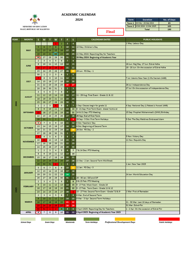 Maldives Academic Calendar 2024-2025 | PDF | Holidays | Observances