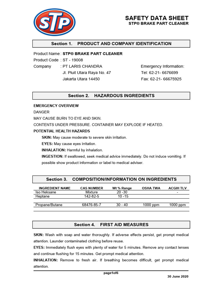 MSDS STP Brake Part Cleaner PDF Dangerous Goods Fires