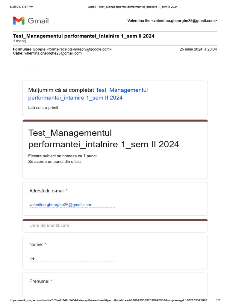 Gmail - Test - Managementul Performantei - Intalnire 1 - Sem II 2024 | PDF