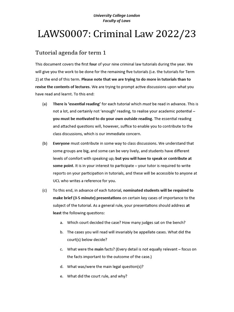 Term 1 Tutorial Agenda (Criminal Law 202223) PDF Recklessness (Law
