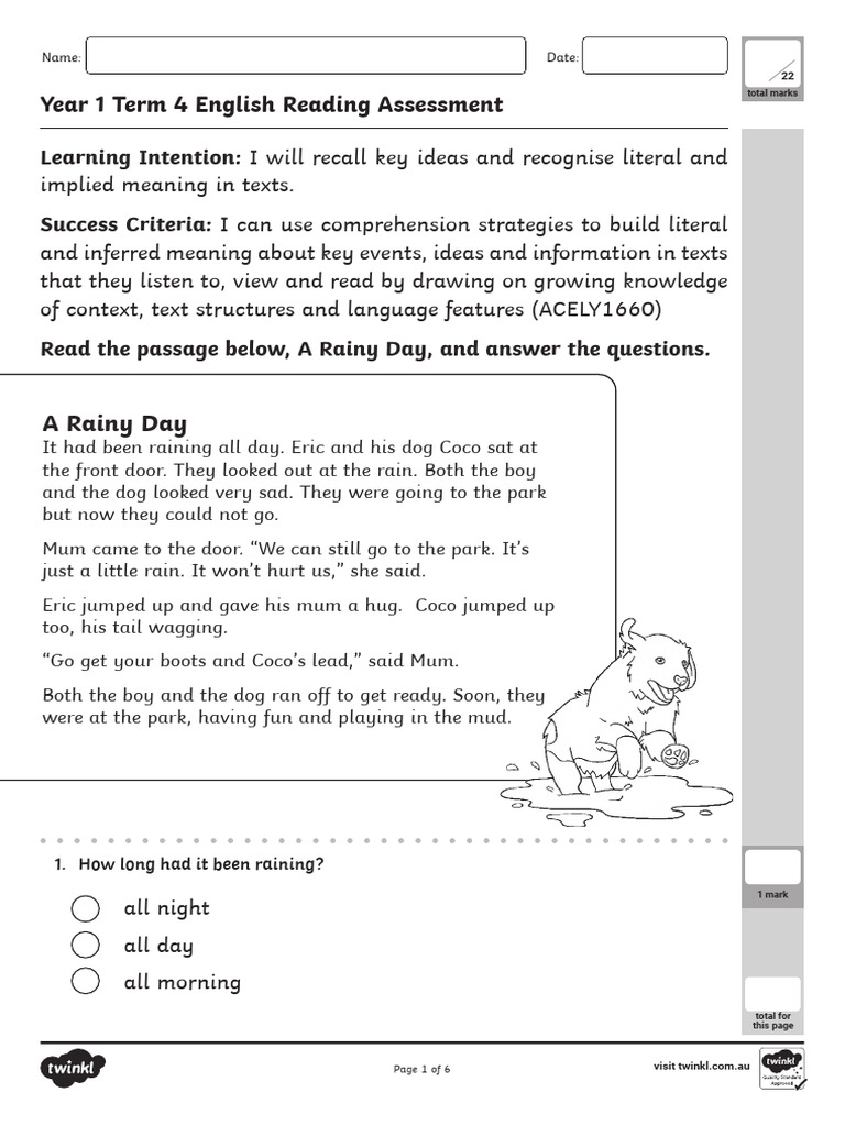 Au L 1663654876 Year 1 Term 4 English Reading Assessment Ver 1 | PDF ...