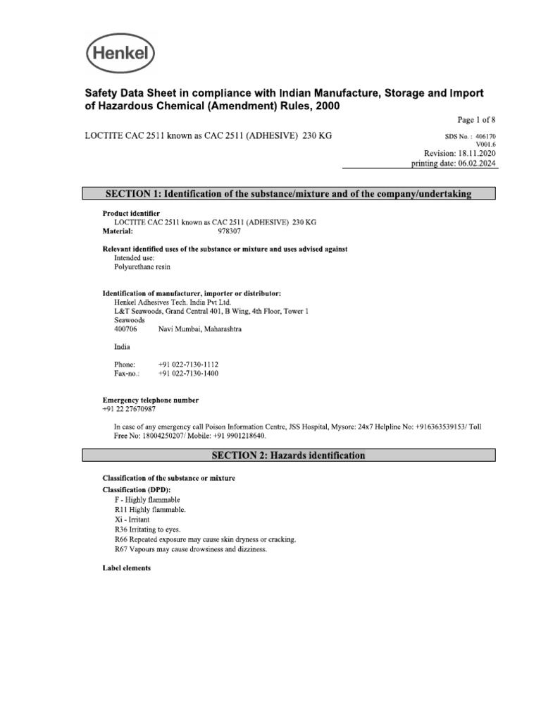 MSDS LOCTITE CAC 2511 Known As CAC 2511 (ADHESIVE) 230 KG | PDF