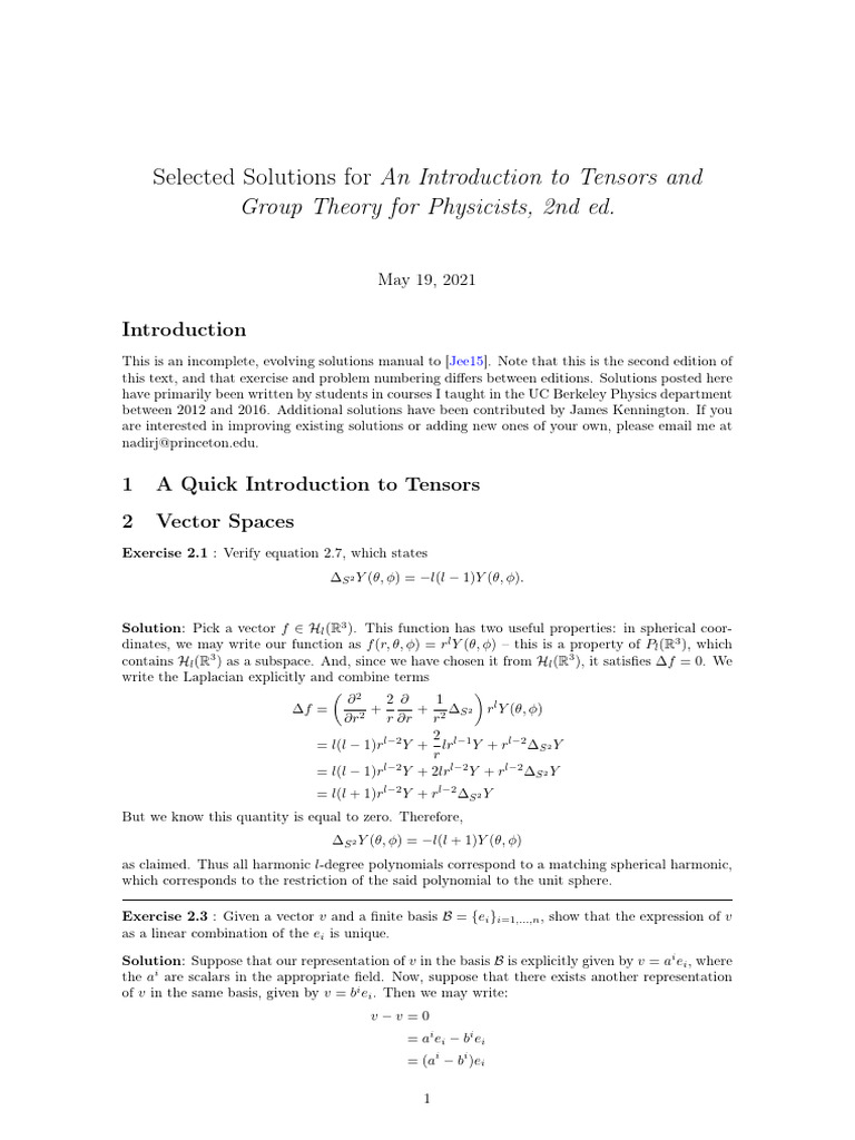 Solutions manual for an introduction to tensors and group theory for