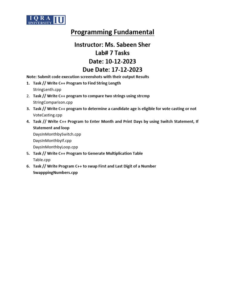 C++ Programming Lab Tasks Guide | PDF