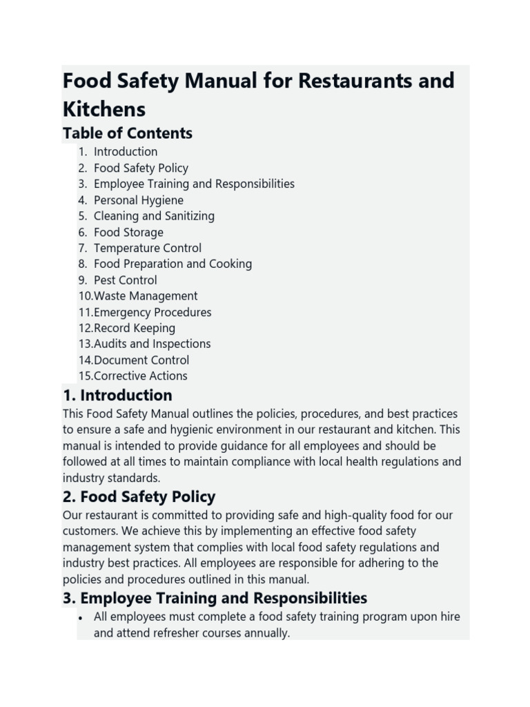 Restaurant Food Safety Manual | PDF | Food Safety | Audit
