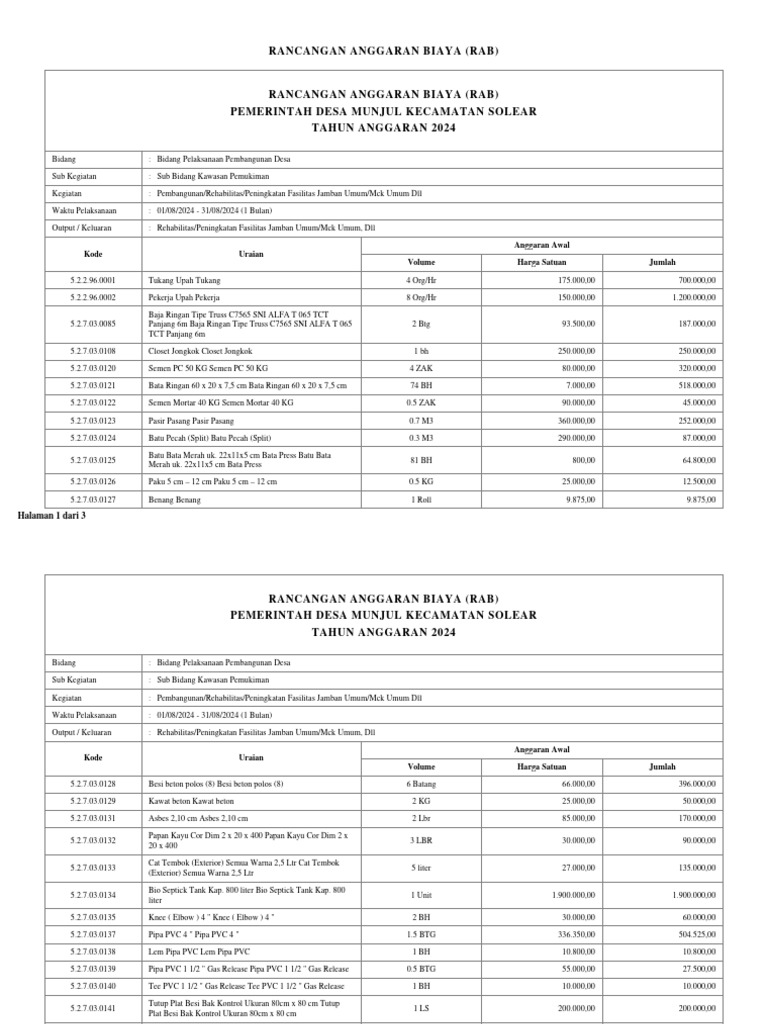 RAB Pembangunan Jamban Umum 2024 | PDF