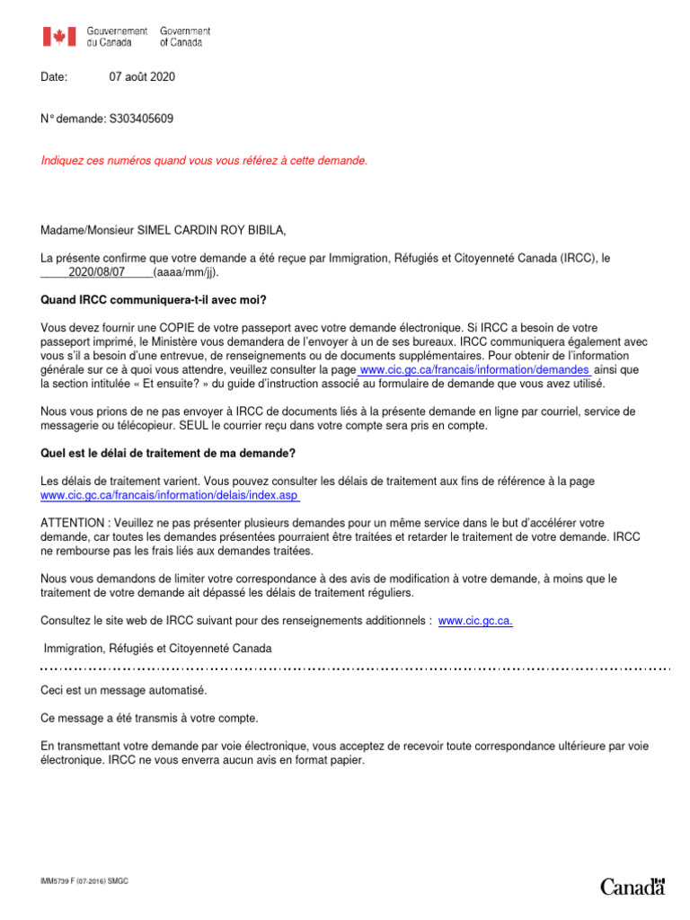 Confirmation de réception IRCC 2020 | PDF | Droit